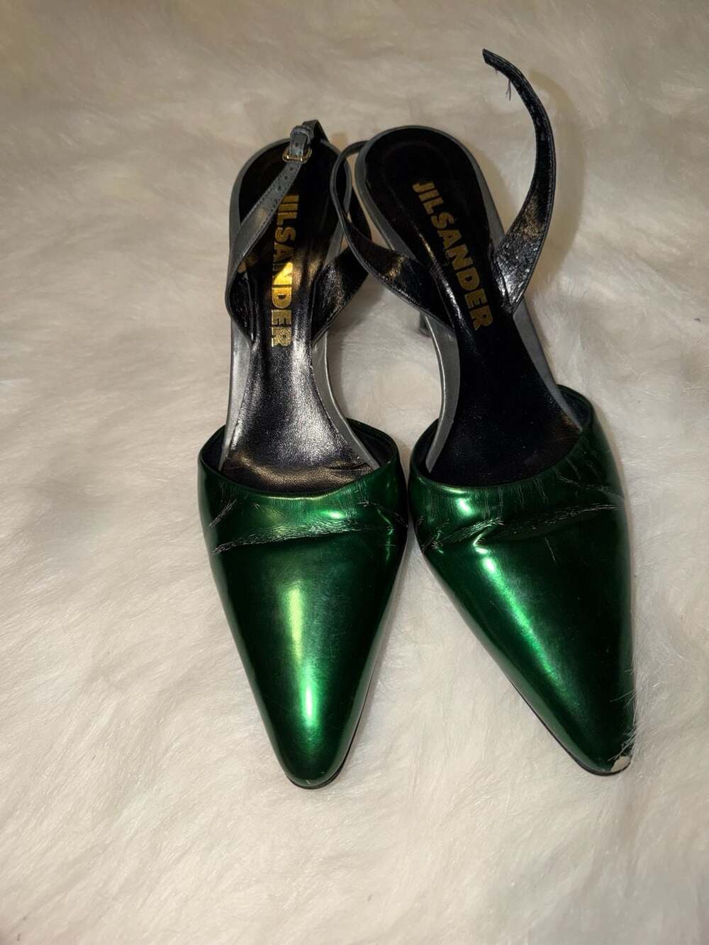 Jil Sander Metallic Green Leather Pointed Toe Slingback Heels